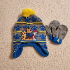 Nickelodeon Paw Patrol Boy Winter Hat Beanie Blue Gray Yellow Plus Mittens 2T-5T