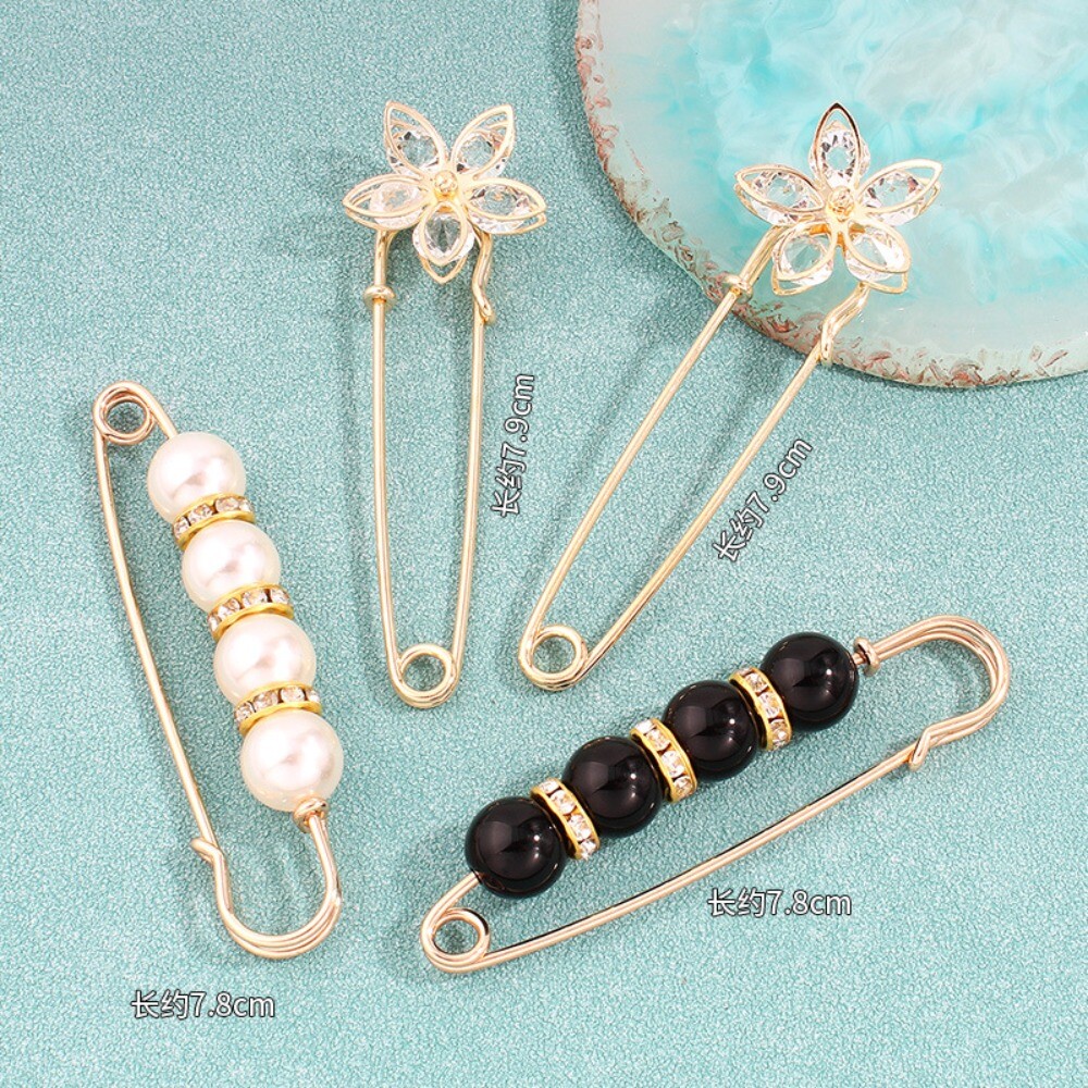 8 Pcs Pearl Safety Pins Rhinestones Shawl Clips for Clothing Pants