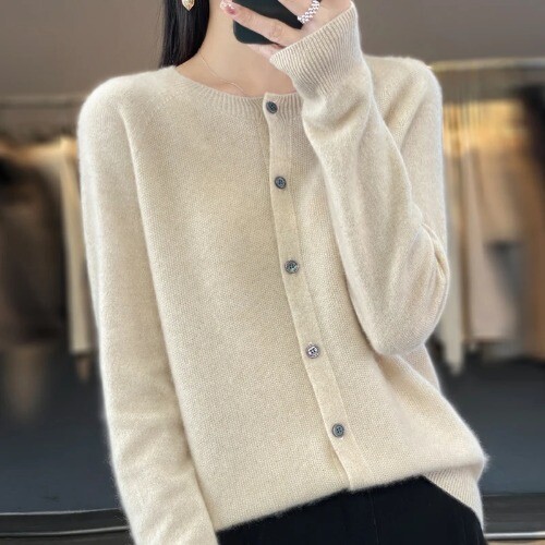 Merino Wool Long Sleeve Knitted Cashmere Sweater Ladies Knitted O-neck Cardigan - Picture 10 of 39