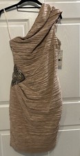 Eliza J One Shoulder Beaded Rouched Satin Taupe Formal Womens Size 4 Reg$158