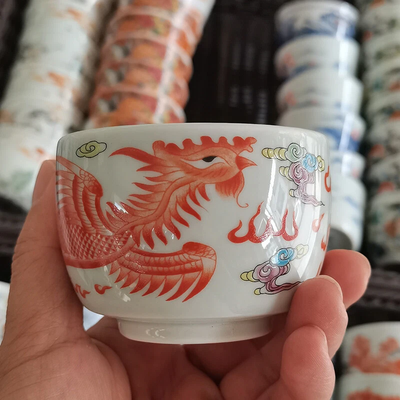Taza de té china Famille rosa porcelana patrón fénix rojo 3,10 pulgadas Foto 2 de 4