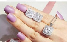 Sterling silver chain square clear stone pierced necklace set