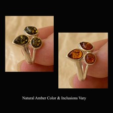 BALTIC GREEN or HONEY AMBER  STERLING SILVER HANDMADE THREE-STONE RING