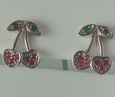 .925 STERLING SILVER Rhodium Plated SLOT MACHINE CHERRY Earrings cubic zirconia