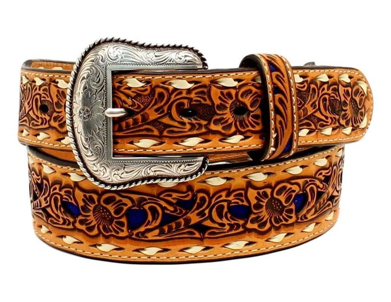 Nocona Western Belt Mens Inlay Floral Lacing 46 Tan Blue N2498727 CLEARANCE