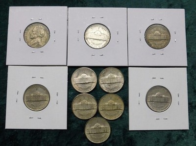 10 Silver Wartime Nickels, 35% Silver War Nickels, 1942, 1943