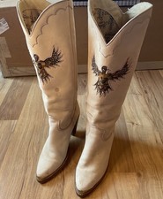 VTG Zodiac USA Phoenix 1970's Western 3.5'' Heel Boots Feather Inlays Size 7.5 M