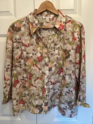 JM Collection Sz 12 Button Front Blouse 100% Linen Pastel Floral Knot Cuffs Nice