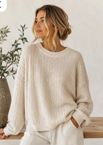 OFFLINE by Aerie Women's Beige Wool Chunky Knit Ribbed Crewneck Pullover S