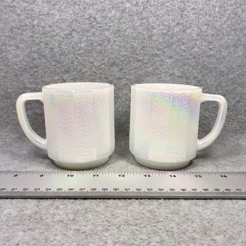 2 Vintage Federal Glass Coffee Mug White Moonglow Iridescent Opalescent D Handle