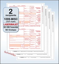 2025 IRS Tax Form 1099-MISC single sheet set LASER for 2 recipients 4-pt #TF6103