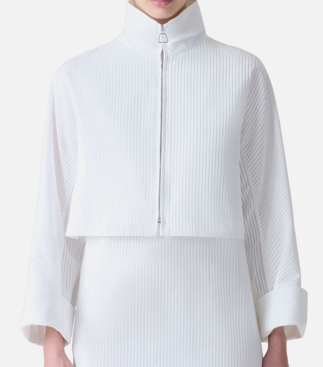 AKRIS Women White Mimi Pleated Cotton Voile Crop Jacket Size 8
