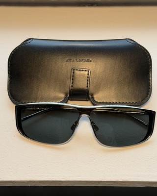 Saint Laurent Men s Rectangular Metal Sunglasses Silver Frame Gray Tinted Lenses