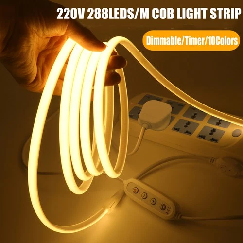 220V COB Neon LED Strip Lights Timer IP67 High Density Flexible Tape 4Key Dimmer