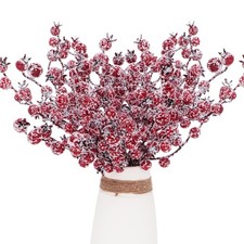 12Pcs Artificial Snowy Red Berry Picks Stems Christmas Frosted Holly Berry Br...