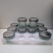 x12 4oz Quilted Glass Mason Jars Silver Lids Jams Preserves Crafts Herbs & Spice