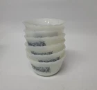 6 Currier And Ives Ramekins Milk Glass Custard Bowl Set Horse Carriage Blue