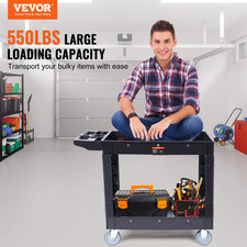 Utility Service Cart, 2 Shelf 550LBS Heavy Duty Plastic Rolling Utility Cart wi