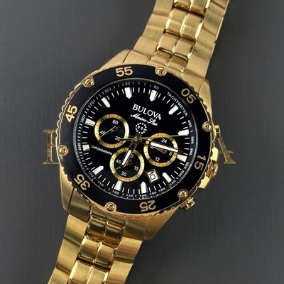 Bulova Marine Star 98B406 Quartz 45mm Black Dial Gold Strap Men's Watch