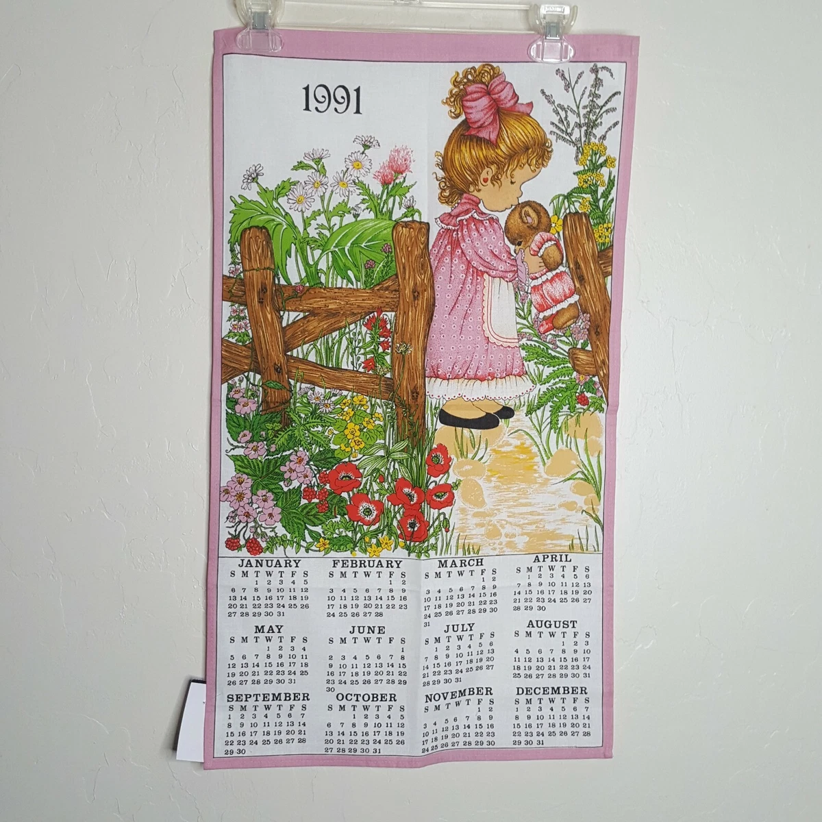 VTG 1991 Calendar Dish Tea Towel 100% Cotton Sweet Girl w Bear 15 x 26 |  eBay