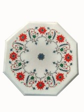 12" Marble corner side Table top handmade inlay semi precious stones work