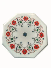 12" Marble corner side Table top handmade inlay semi precious stones work