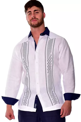 Bohio 100% Linen Fancy Guayabera Shirt for Men - White/Navy Embroidered MLFG2032