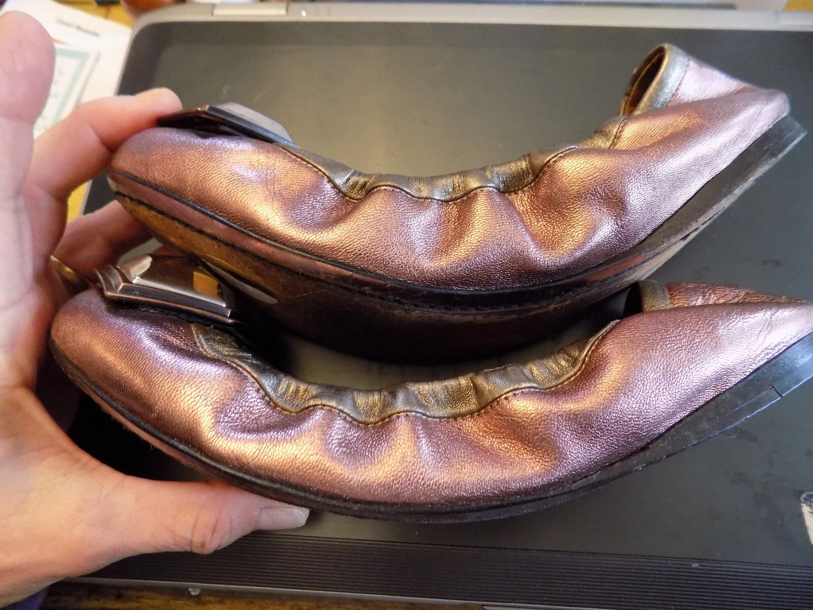 Ballerina in pelle Miu miu nappa bronzo metallizzato grande punta in metallo taglia 37 6 5