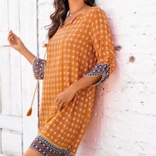 Hotouch Orange Patterned Boho Dress Size M