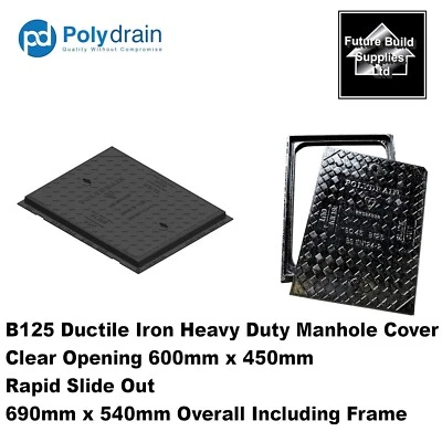 B125 Ductile Iron Heavy Duty Manhole Cover 600mm x 450mm Rapid Slide Out 690x540