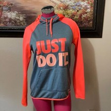 Nike Therma Fit Hoodie Just Do It Sweatshirt Women's Small Orange Gray Pocket