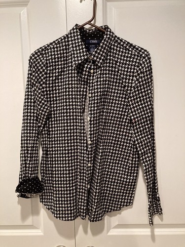 Chaps No Iron Black/White Hound's-tooth Long Sleeve Button Blouse Large