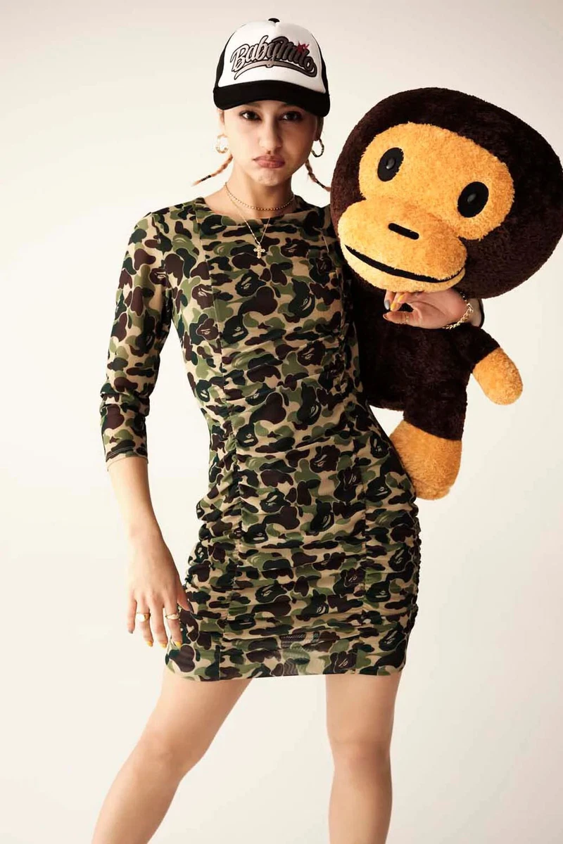 A BATHNIG APE Ladies' ABC CAMO MESH GATHERED ONEPIECE Dress