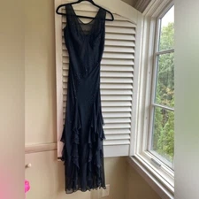 Morrell Maxie Black Silk Beaded Fairy Whimsigoth Gown Sz 8 y2k Prom Tiered