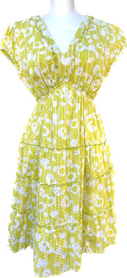 Elle Women's V-Neck Empire Waist Dress Size Small Lime Green White Ruffle Lined