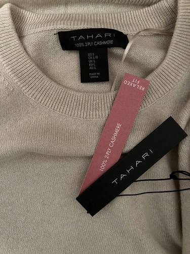 NWT Tahari 100% Cashmere Crew neck Beige Sweater sz L - Picture 5 of 7