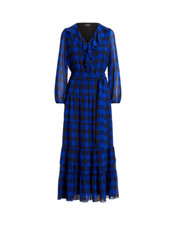 $195 Lauren Ralph Lauren Women's Buffalo Check Belted Georgette Dress, Blue, 10