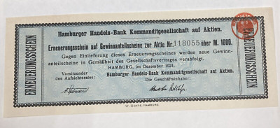 1921 Germany Hamburger Handels Bank 1000 Mark Renewal Certificate Dec ...