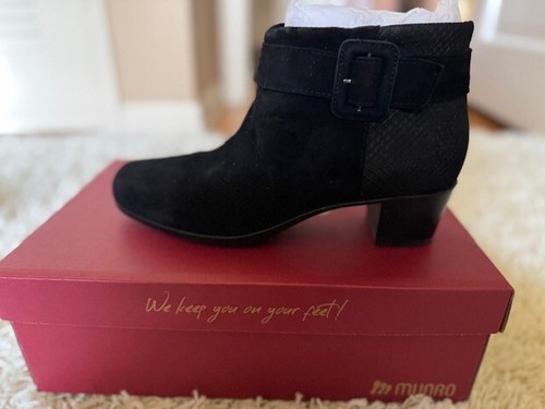 NEW Munro Callie Black Suede Ankle Boots with Buckle & side zip - 8.5 N
