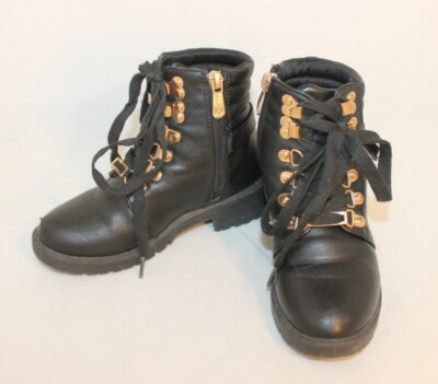 Tahari girl's black with bronze hooks tie up combat boots SIZE 11