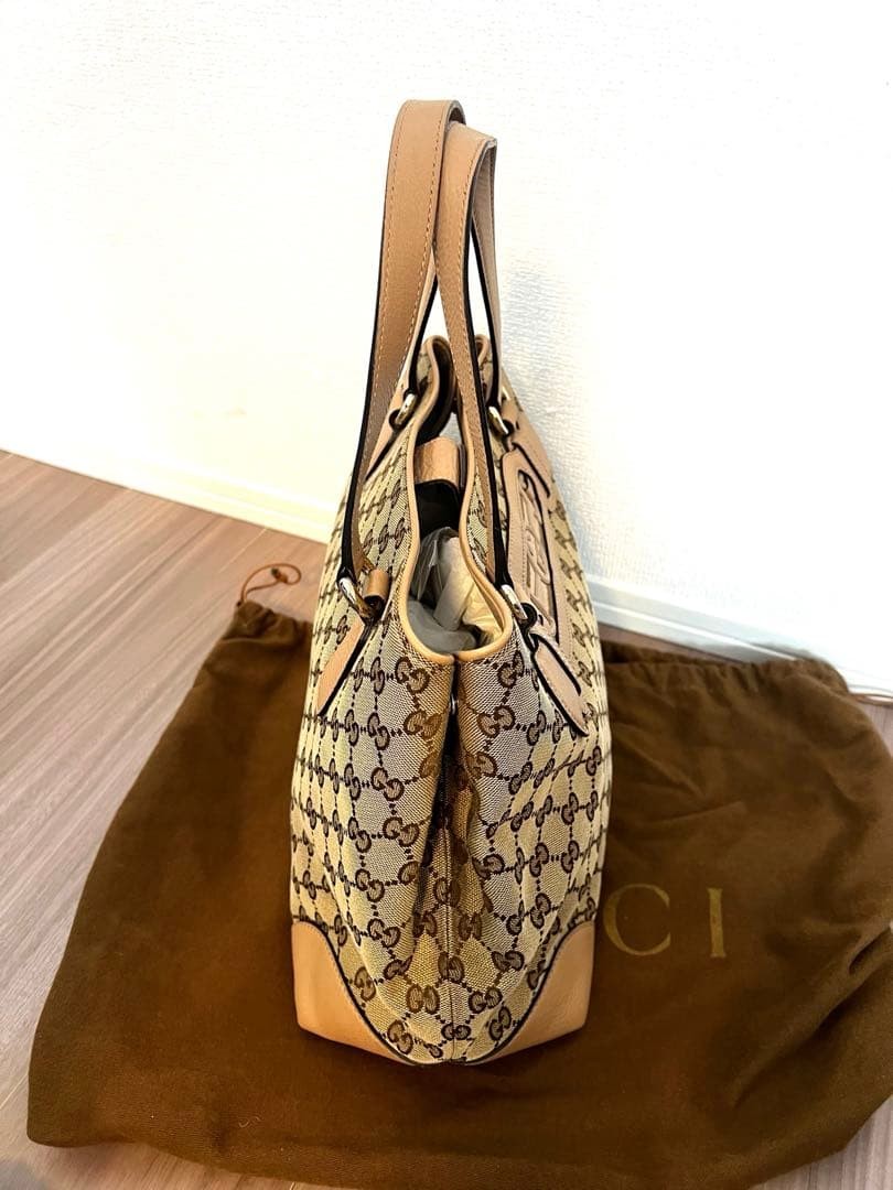 GUCCI GG Canvas Horsebit Tote Bag Beige Leather Trim Excellent Condition thumbnail 4