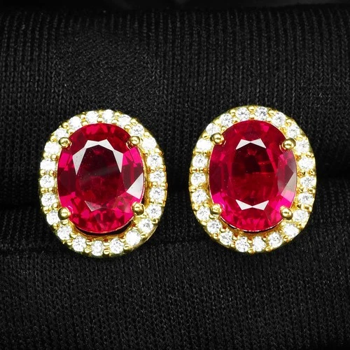 Glittering Scarlet Red Spinel 6Ct 925 Sterling Silver 24K Gold Halo Earrings