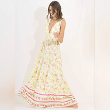 Maaji Revolve Lemonade Floral Deep V-Neck tie back Tiered Maxi Dress sz M