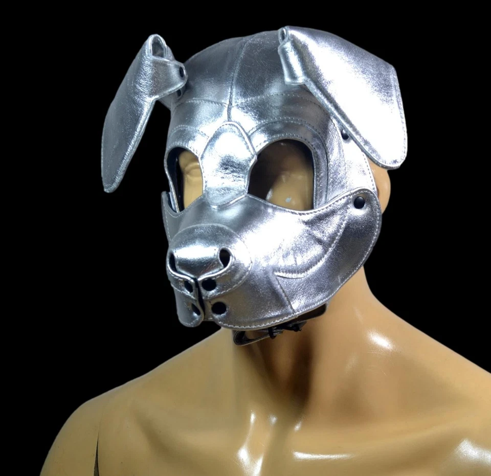 Máscara con capucha de cachorro de cuero plateado | Capucha metálica de juego de cachorro humano para fiesta de cachorro Foto 4 de 4
