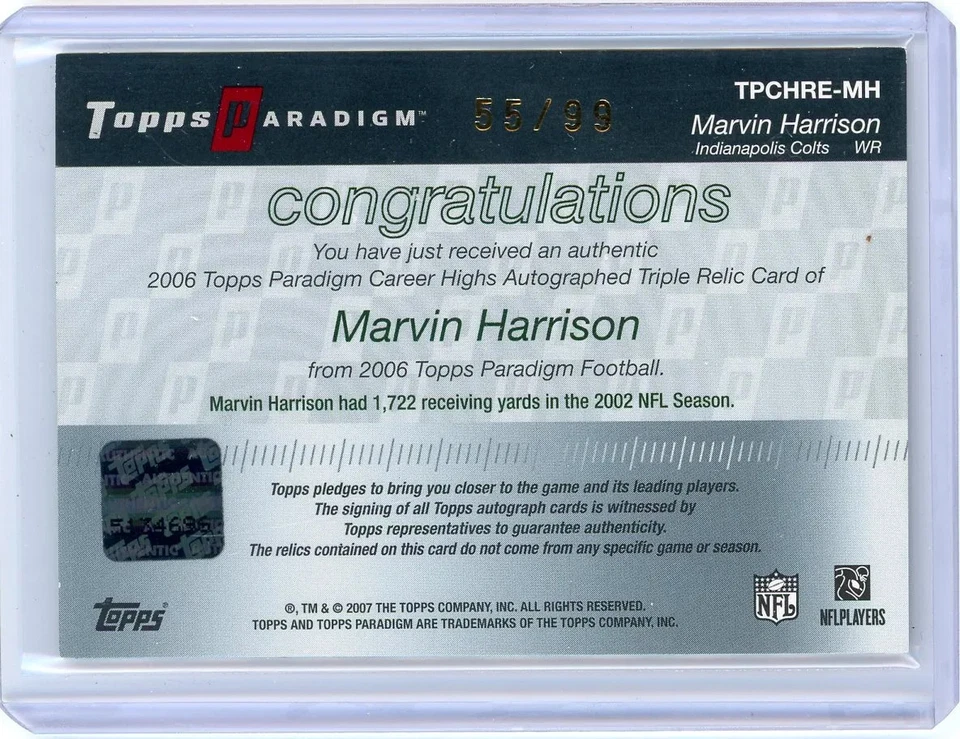 Marvin Harrison - 2007 Topps Paradigm Career Highs 55/99 Auto Relic TPCHRE-MH - Image 2 of 2