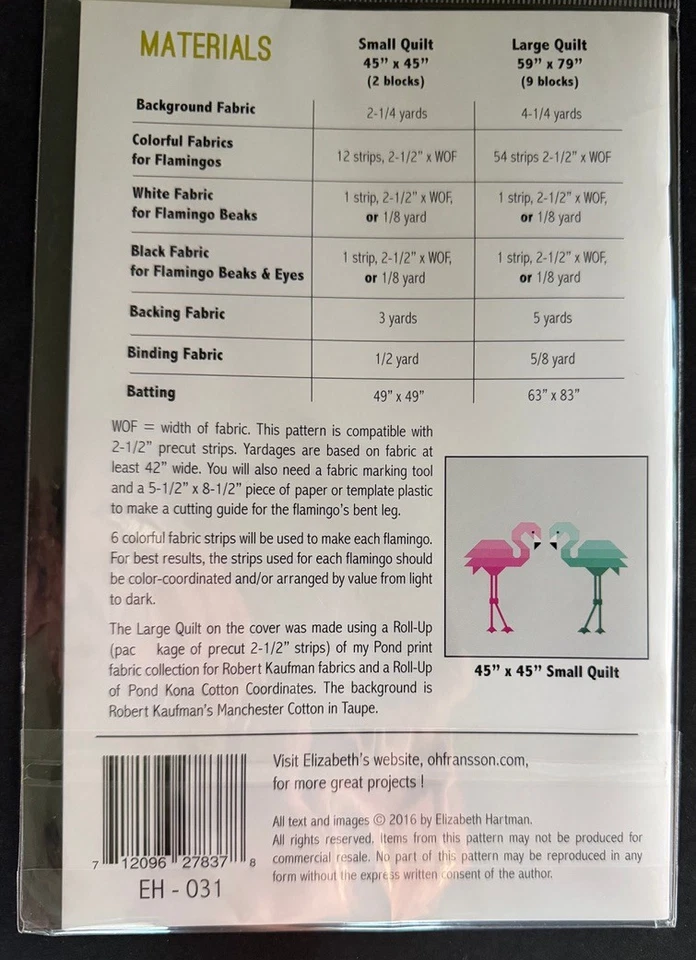 FLORENCE FLAMINGO Quilt Pattern by Elizabeth Hartman 2 Sizes Chart Fabric Strips - Image 2 of 3