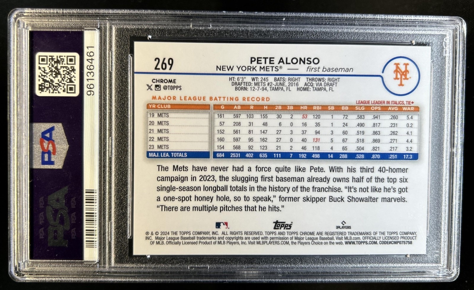 2024 Topps Chrome Pete Alonso FrozenFractor #/5 Mets PSA 9 view 2