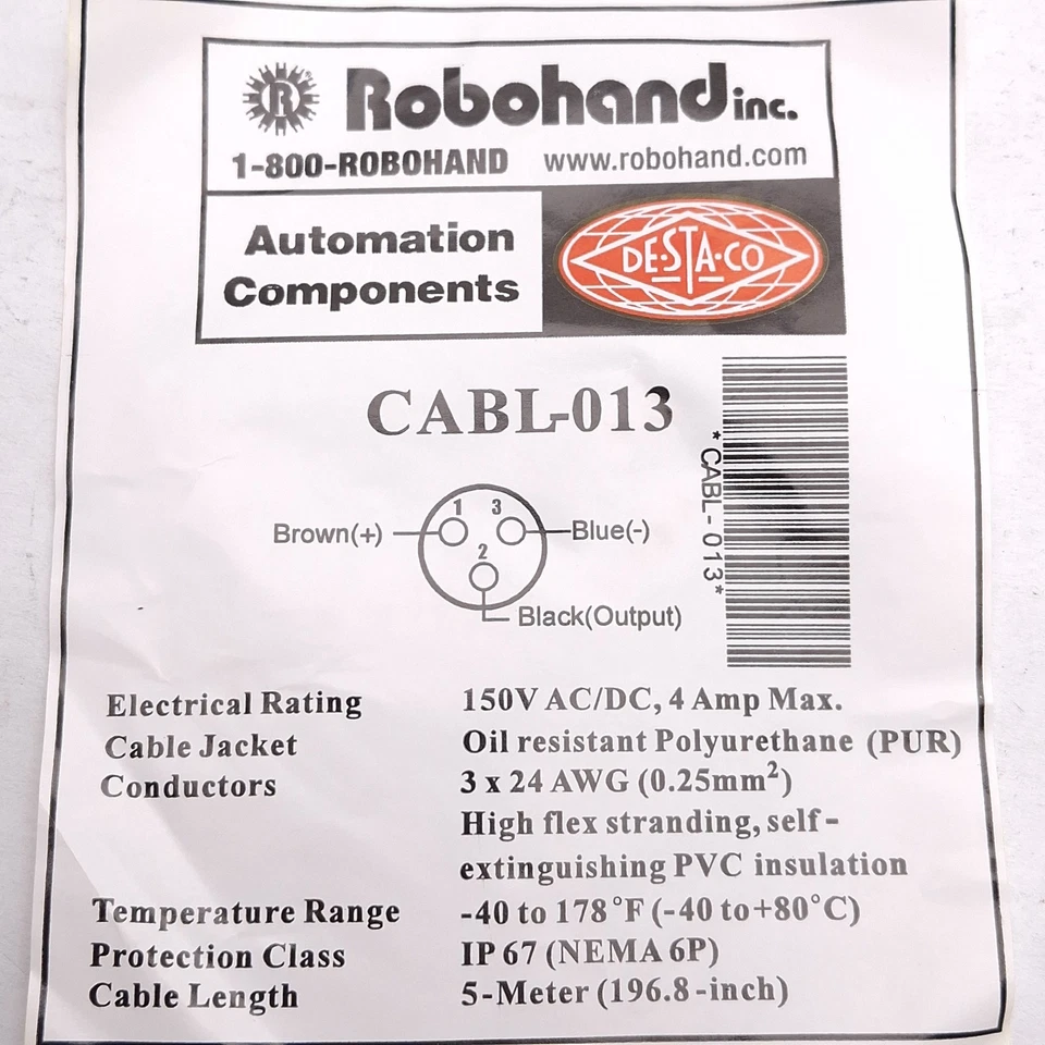 Destaco Robohand CABL-013 Quick Disconnect Sensor Cable, M8 3-Pin Female, 5m - Image 2 of 4