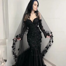 Black Mermaid Wedding Dresses With Removable Long Sleeves 3D Floral Bridal Gowns