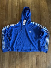 New, Adidas 3S Blue with white strips on sleeves, Short Hoodie Large Women